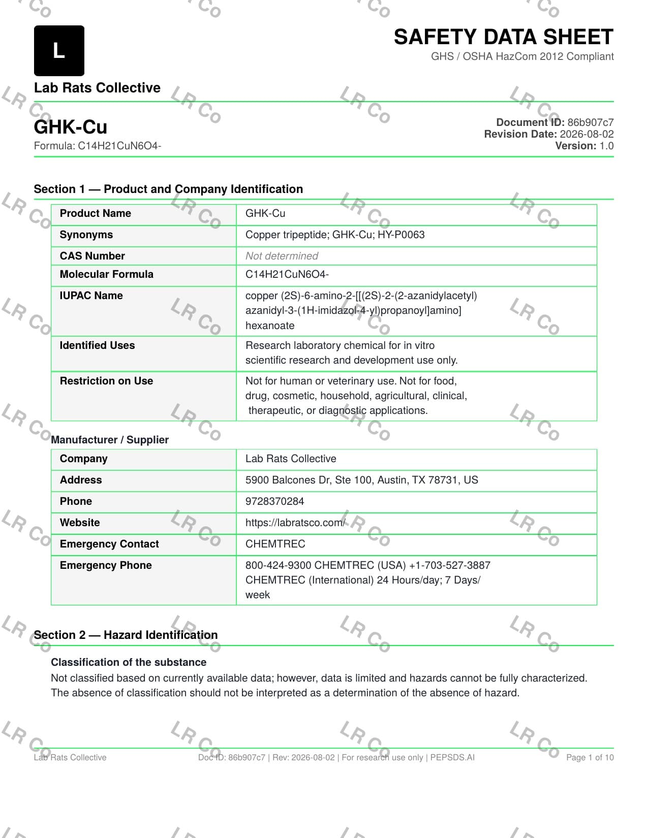 GHK-CU 50mg Safety Data Sheet