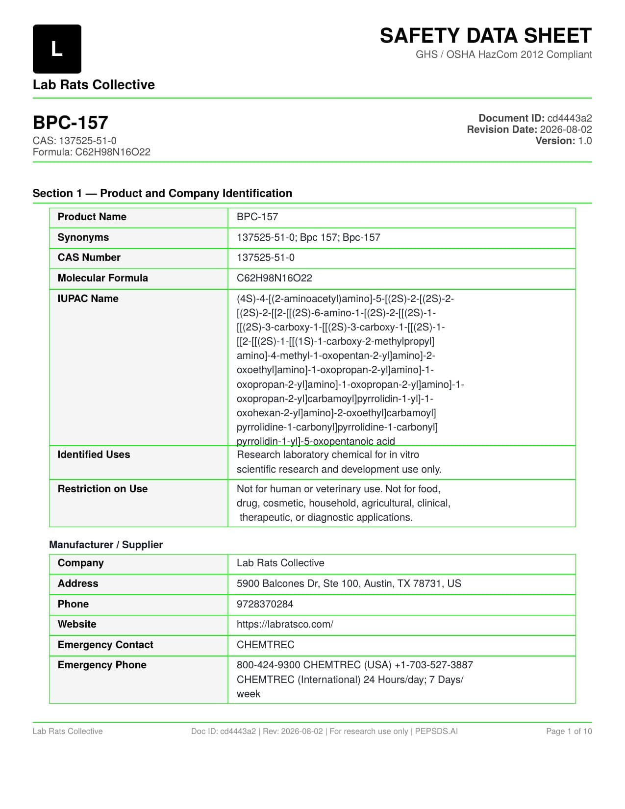 BPC-157 5mg Spray Safety Data Sheet